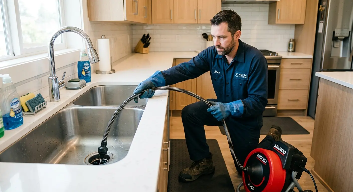 Drain cleaning technician using a motorized snake on a kitchen sink in Ukiah