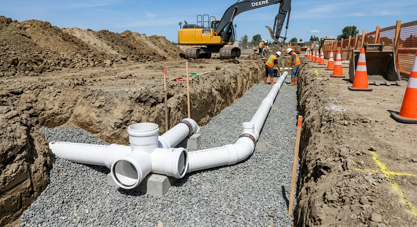 New PVC sewer pipe installation in open trench for Sewer Backup in Ukiah