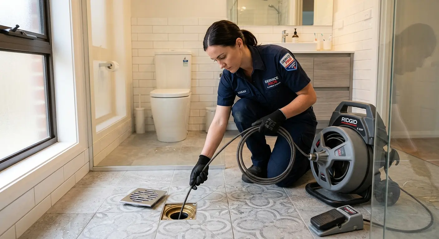Technician clearing a bathroom floor drain for Drain Cleaning in Ukiah
